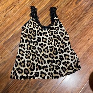 Leopard Print Lace-Trim Cami Tank Top - Beige & Black